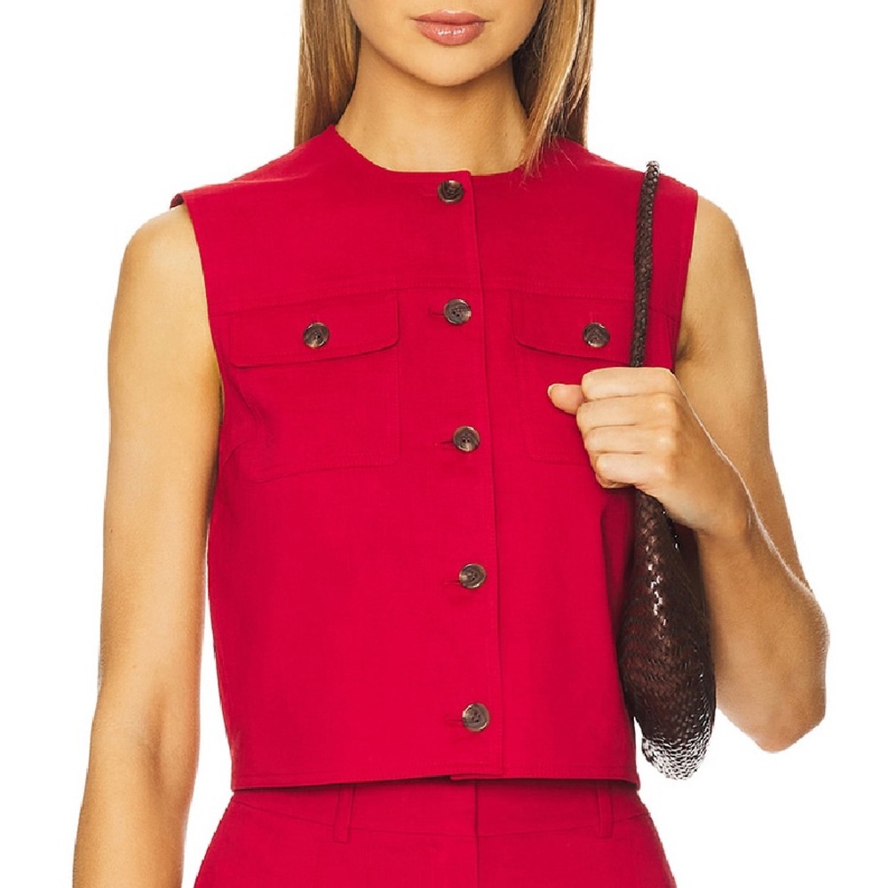 Theory Caliver Trucker Vest in Cherry Sleeveless Crop Top Linen